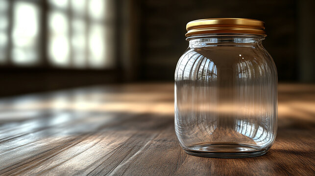 A clear glass jar with a golden lid, symbolizing purity and value, placed against an elegant, minimalist background. The simplicity of the scene conveys clarity and potential, with space for captionin