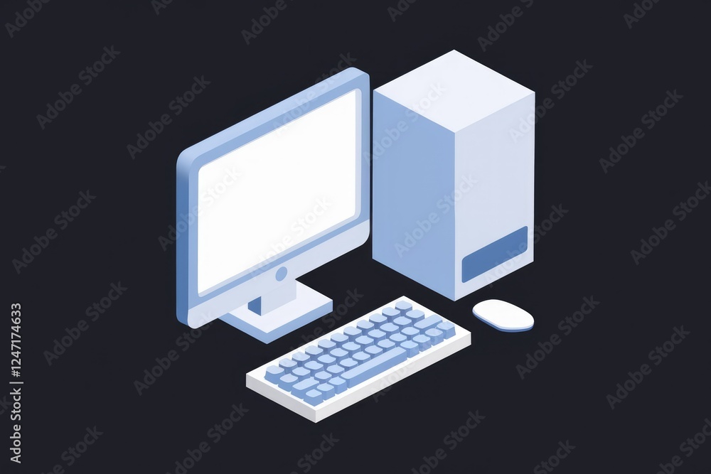 Poster isometric illustration of a desktop computer, keyboard, and mouse on a dark background.