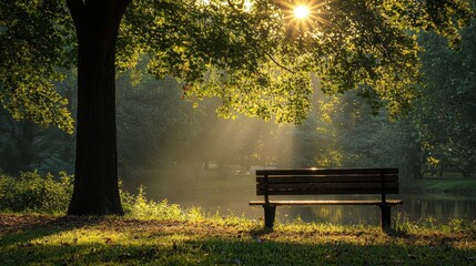 A tranquil park scene with a bench, sunlight filtering through the trees.