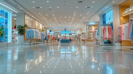 Bright mall corridor, clothing displays, shoppers, retail interior
