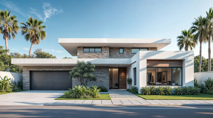 Fototapeta premium Modern architectural design of a luxurious house surrounded by palm trees in a serene neighborhood, showcasing unique elements and landscaping