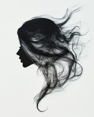 Naklejka premium Elegant black silhouette of a woman with flowing hair against a minimalist white background