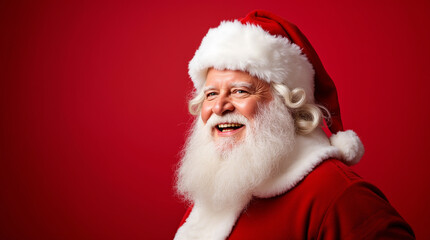Naklejka premium Joyful man in Santa costume with curly beard and warm smile poses against bright red backdrop during festive season