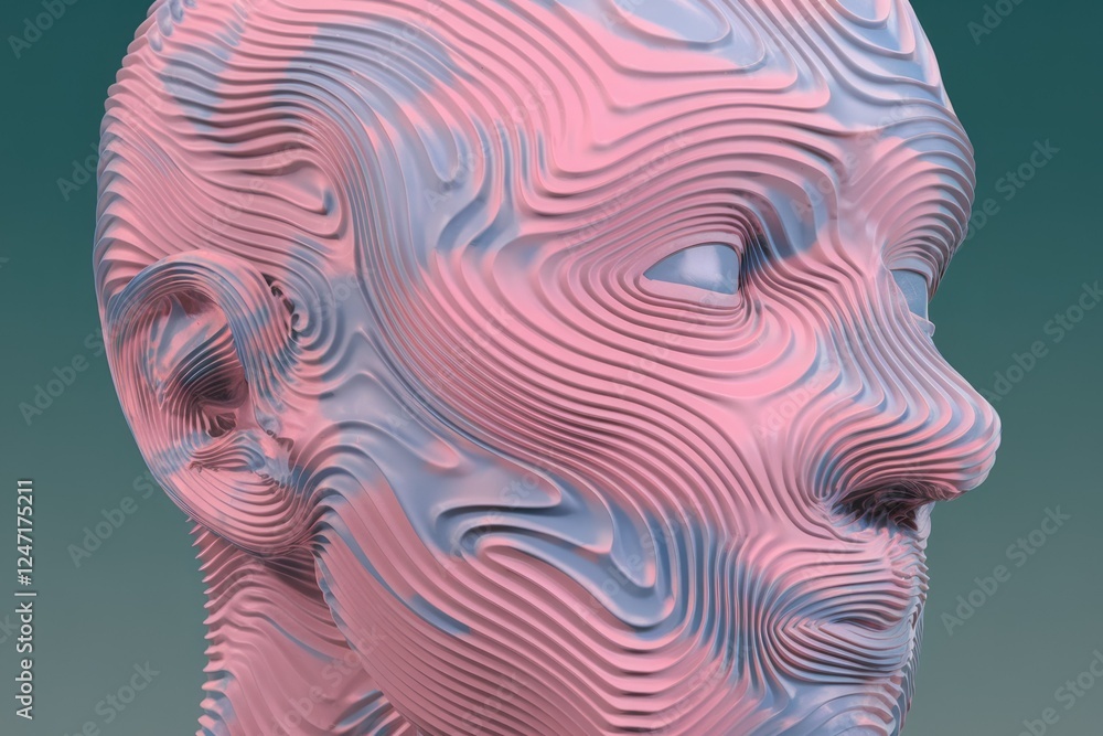 Poster abstract 3d rendering of a human head with pink and blue layered textures.
