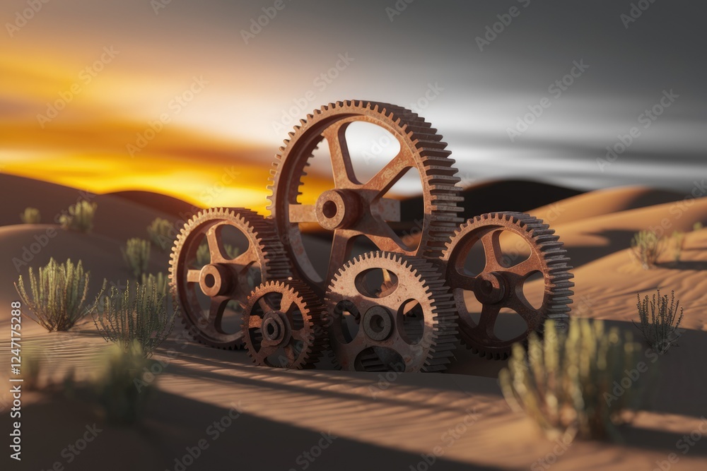 Poster rusty gears rest in a desert at sunset, a scene of forgotten machinery and time.