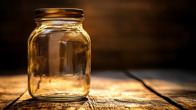 A clear glass jar with a golden lid, symbolizing purity and value, placed against an elegant, minimalist background. The simplicity of the scene conveys clarity and potential, with space for captionin