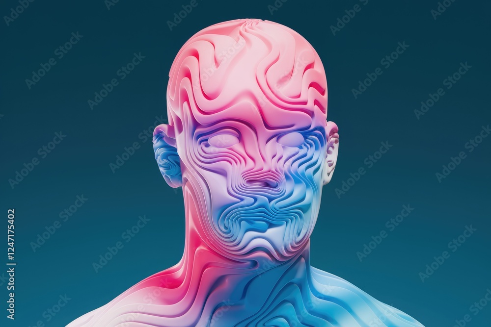 Poster abstract 3d render of a human head with pink and blue swirling patterns, showcasing intricate detail