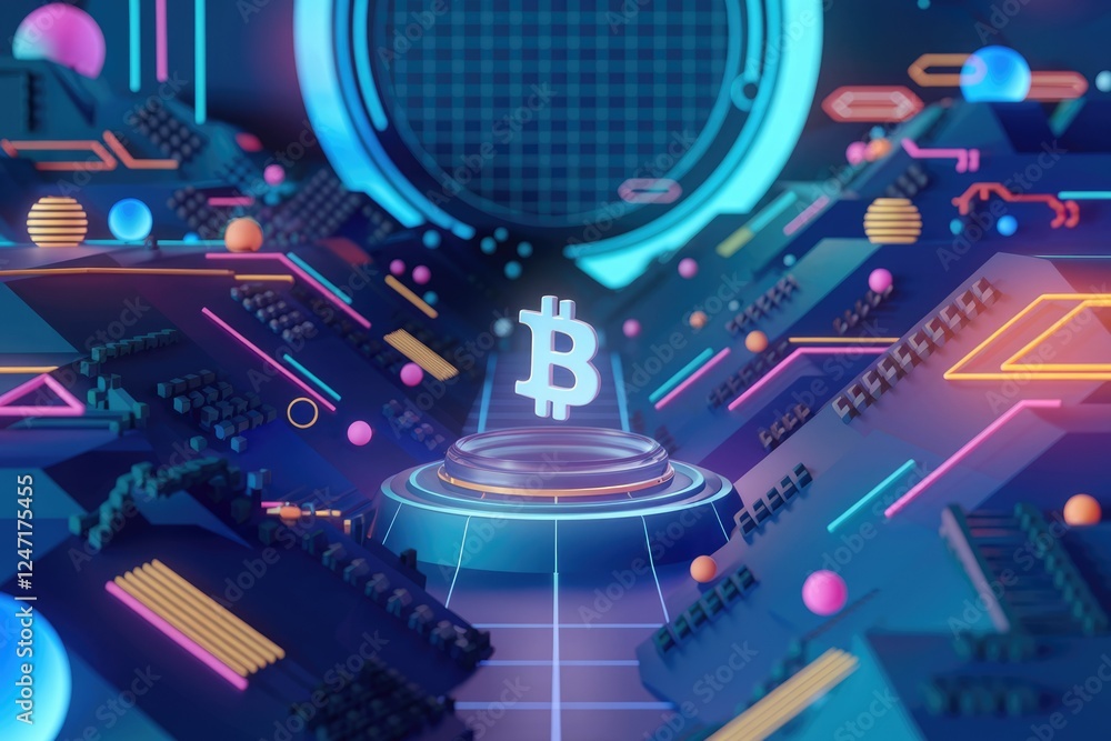Poster futuristic bitcoin digital currency concept. neon glowing lines and geometric shapes surround a bitc