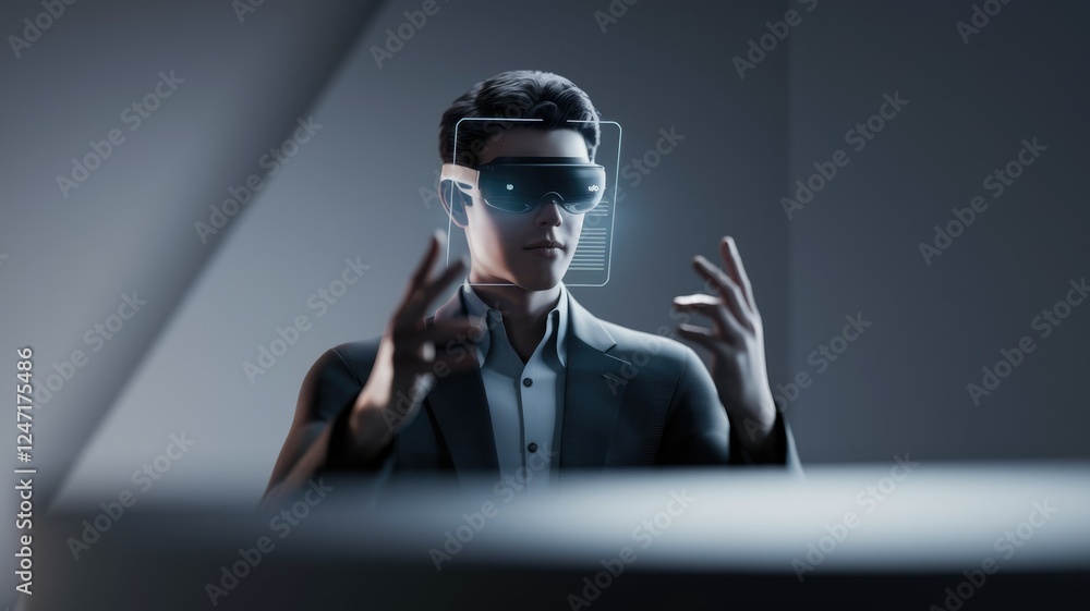 Poster a businessman interacts with a holographic interface via a futuristic vr headset, showcasing advance