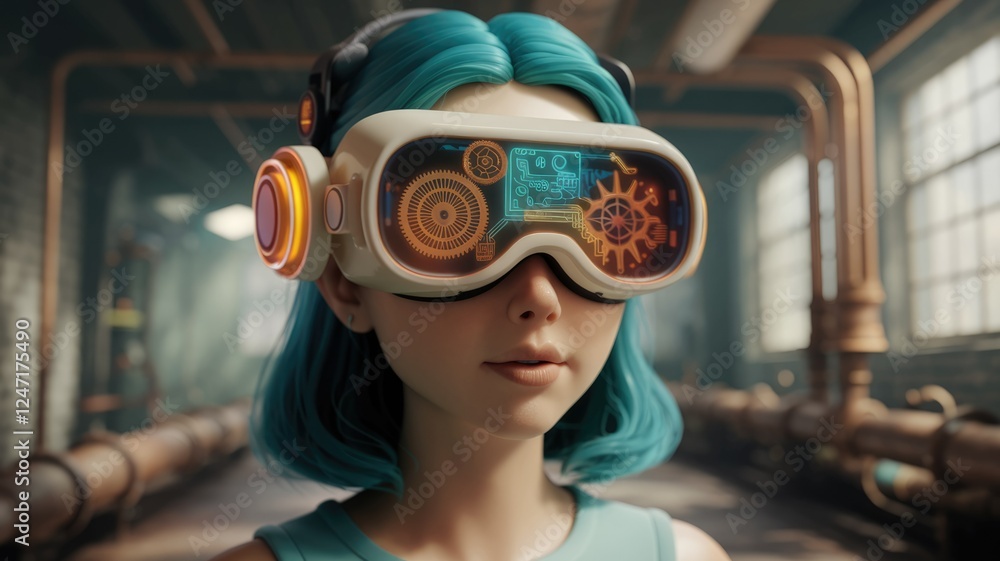 Aufkleber a futuristic girl with teal hair wears advanced goggles displaying intricate mechanical gears and ci