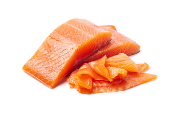 Two pieces of salmon fillet and a few thin slices of salmon on a white background