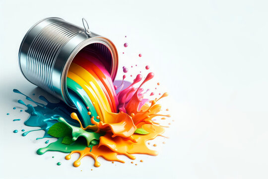 A stream of multi-colored paints from a can. Space for text.