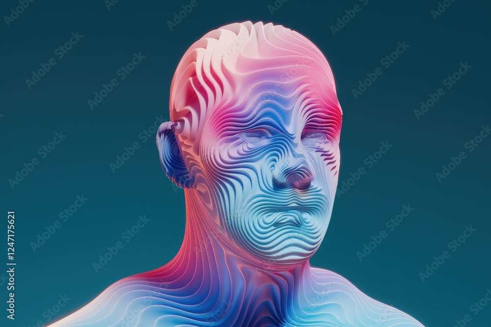 Poster Abstract 3D rendering of a human head with layered, colorful lines creating a unique texture and artistic expression.