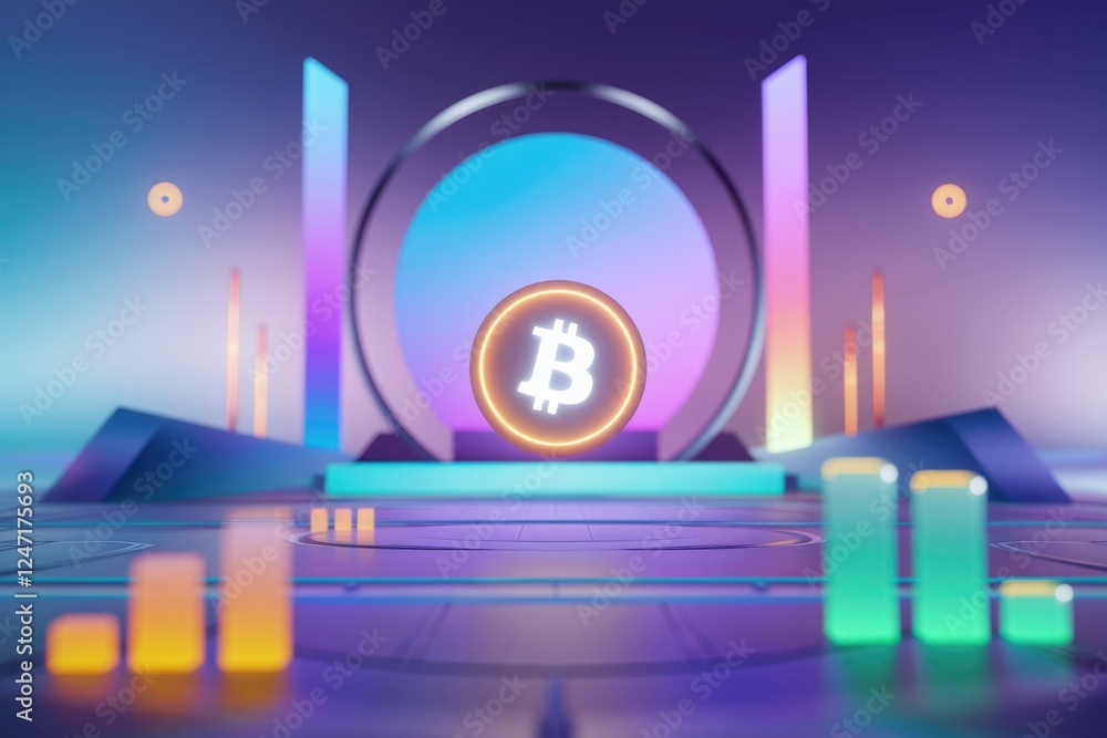 Poster neon bitcoin symbol displayed on a futuristic, vibrant platform with glowing bars representing growt