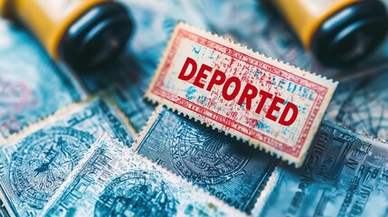 Passport pages with multiple country entry stamps and a bold red "DEPORTED" label, representing immigration control and deportation issues. Ideal for illustrating legal and political topics.