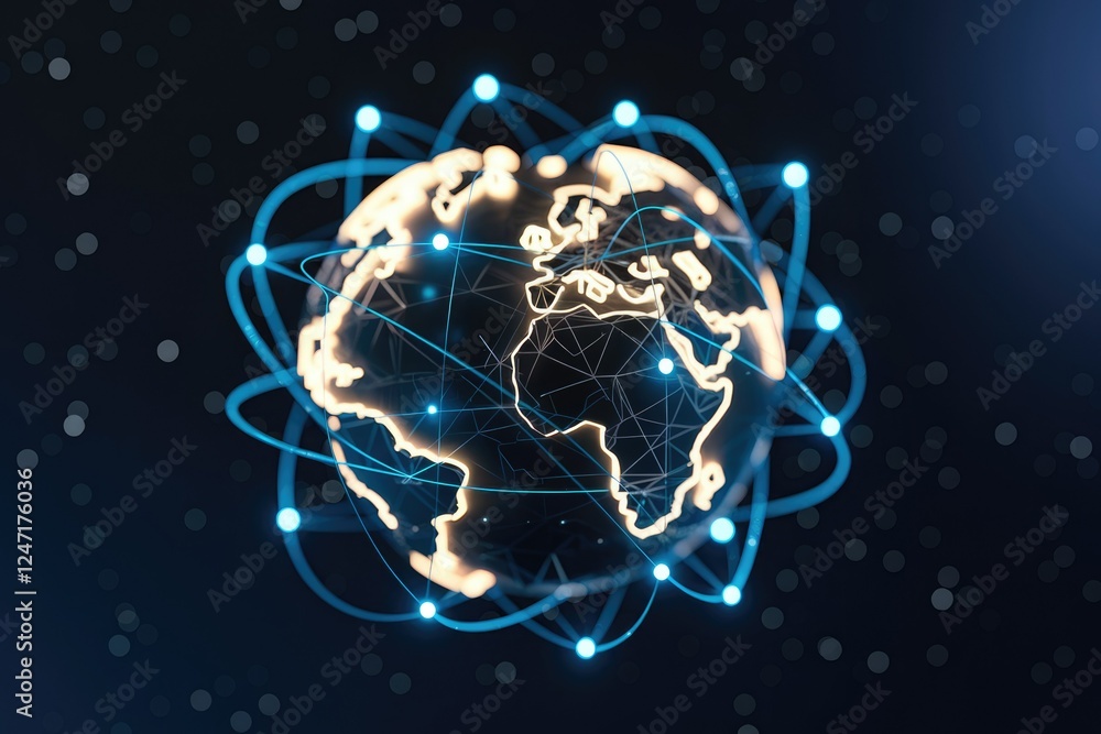 Poster Global network connection, illuminated Earth with glowing lines representing interconnectedness and data flow.