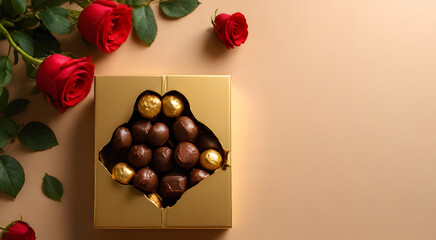 Assorted chocolates packed in a luxurious gold square box with fresh red roses on a light beige background, perfect for Valentine's Day, romantic advertisement.