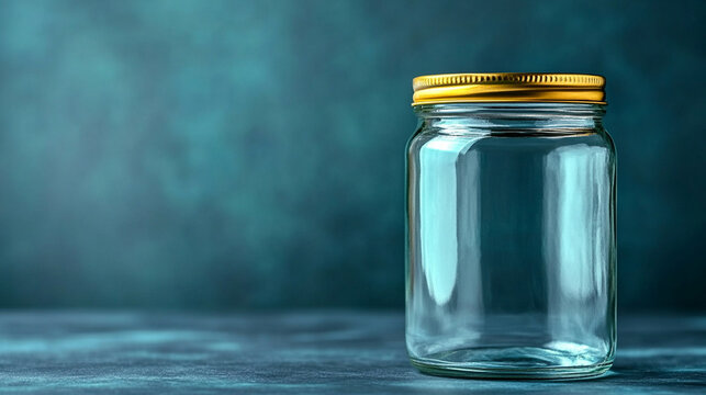 A clear glass jar with a golden lid, symbolizing purity and value, placed against an elegant, minimalist background. The simplicity of the scene conveys clarity and potential, with space for captionin
