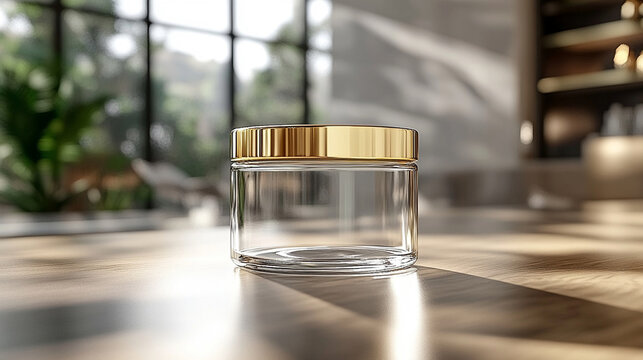 A clear glass jar with a golden lid, symbolizing purity and value, placed against an elegant, minimalist background. The simplicity of the scene conveys clarity and potential, with space for captionin