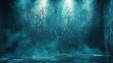 Smoky blue stage, spotlights, rock wall, product display