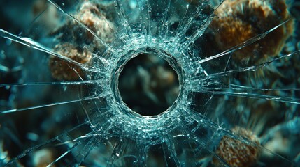 Bullet hole, shattered glass, underwater scene, coral background, crime scene
