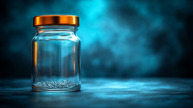 A clear glass jar with a golden lid, symbolizing purity and value, placed against an elegant, minimalist background. The simplicity of the scene conveys clarity and potential, with space for captionin