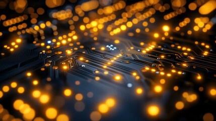 Illuminated circuit board, glowing traces, abstract technology background