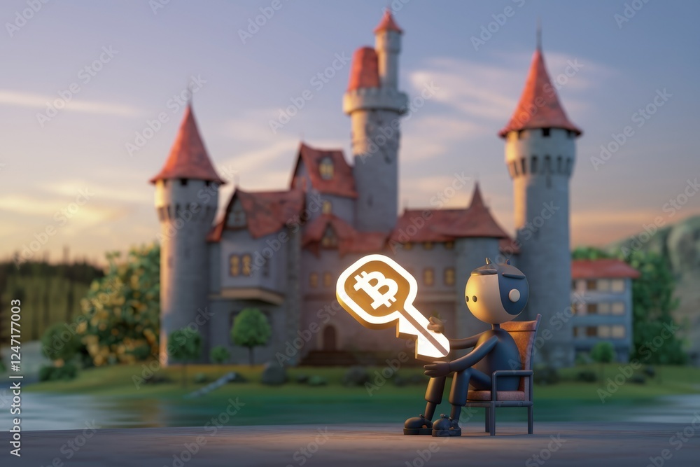 Poster a 3d rendered cartoon figure holds a glowing bitcoin key in front of a fairytale castle, symbolizing