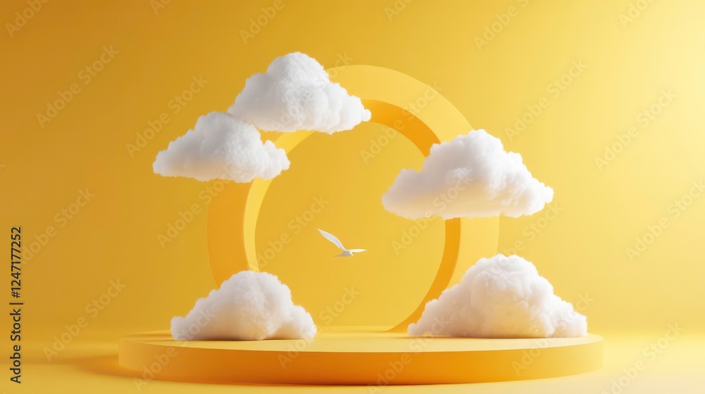 Poster 3d rendering of an abstract and geometric yellow background with three white cumulus clouds flying t