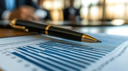 Fototapeta premium Business pen on financial report, meeting blur