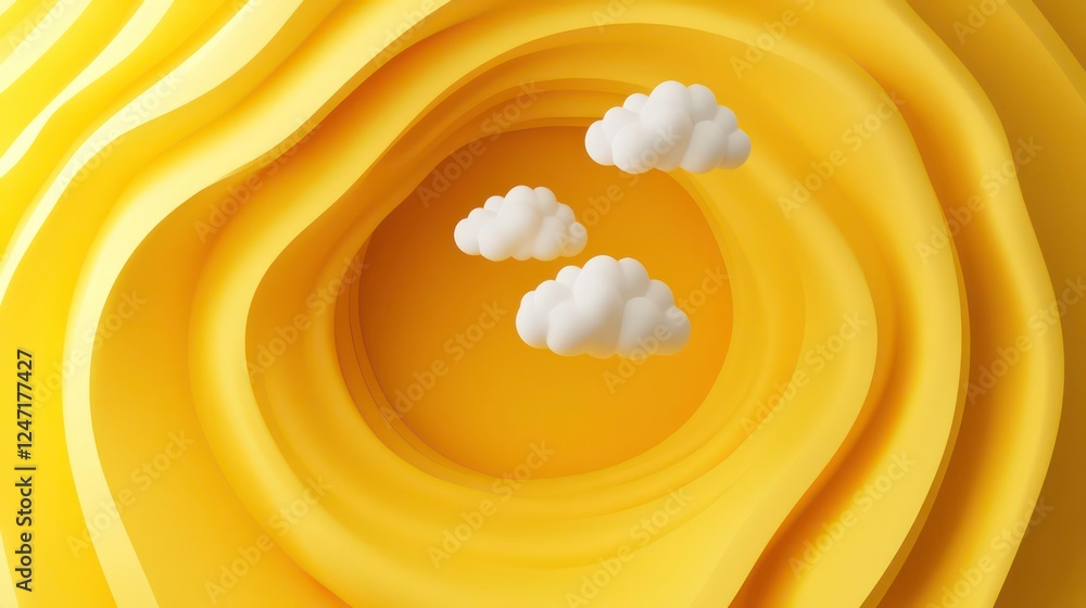 Poster 3d rendering of an abstract and geometric yellow background with three white cumulus clouds flying t