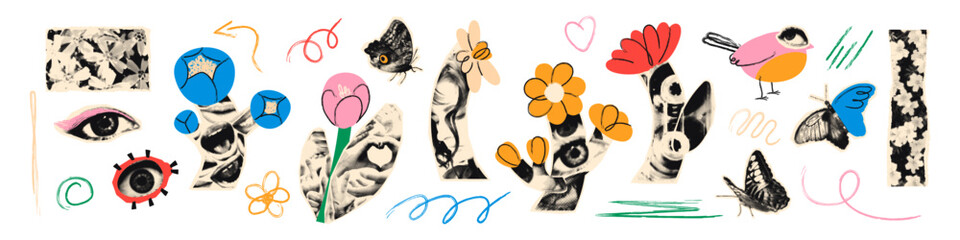 Flowers halftone art collage cut outs set. Paper clipping shapes, spring floral stickers, torn paper, butterflies, ladybug, doodles and scribbles. Modern retro grunge mixed media vector illustration