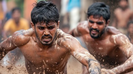 A traditional kabaddi match in India, with players skillfully dodging and tagging opponents while the audience cheers enthusiastically in a village setting