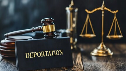 A black sign with "DEPORTATION" written in bold letters placed next to an altar of justice and a gavel, symbolizing legal decisions and immigration enforcement. Ideal for illustrating law, justice