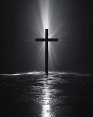 Naklejka premium Symbolic cross silhouette illuminating a dark void with powerful lighting