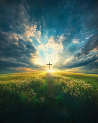 Obraz premium Cross illuminated by sunlight in a vast open field during a dramatic sunset