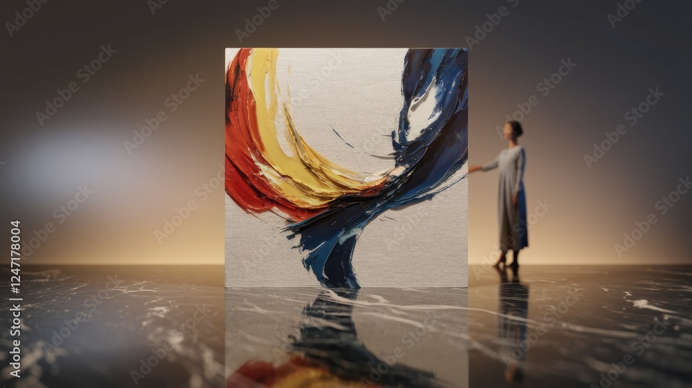 Aufkleber abstract artwork featuring vibrant swirling strokes of red, yellow, and blue, creating a dynamic and