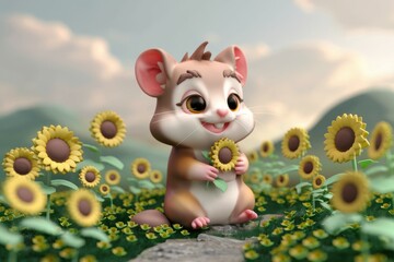 Naklejka premium Adorable 3D hamster holding a sunflower amidst a field of blooming sunflowers.
