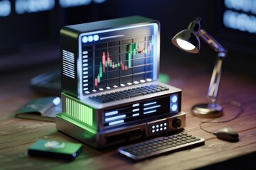 Fototapeta premium A futuristic computer displays a candlestick chart, symbolizing modern stock market trading and analysis.
