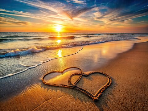 Fototapeta Serene Beach Hearts, Summer Evening Inscriptions