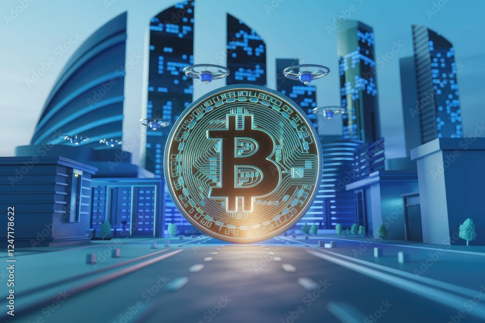 Poster bitcoin cryptocurrency in a futuristic city with drones, symbolizing technological advancement and f