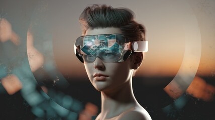 A futuristic woman wearing advanced eyewear, showcasing technological integration with a blend of digital and real-world environments.