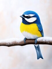 Fototapeta premium Blue Tit Perched on Snow Dusty Branch - A vibrant blue tit resting elegantly on a snowy branch, showcasing its colorful feathers against a softly blurred background, symbolizing nature, tranquility