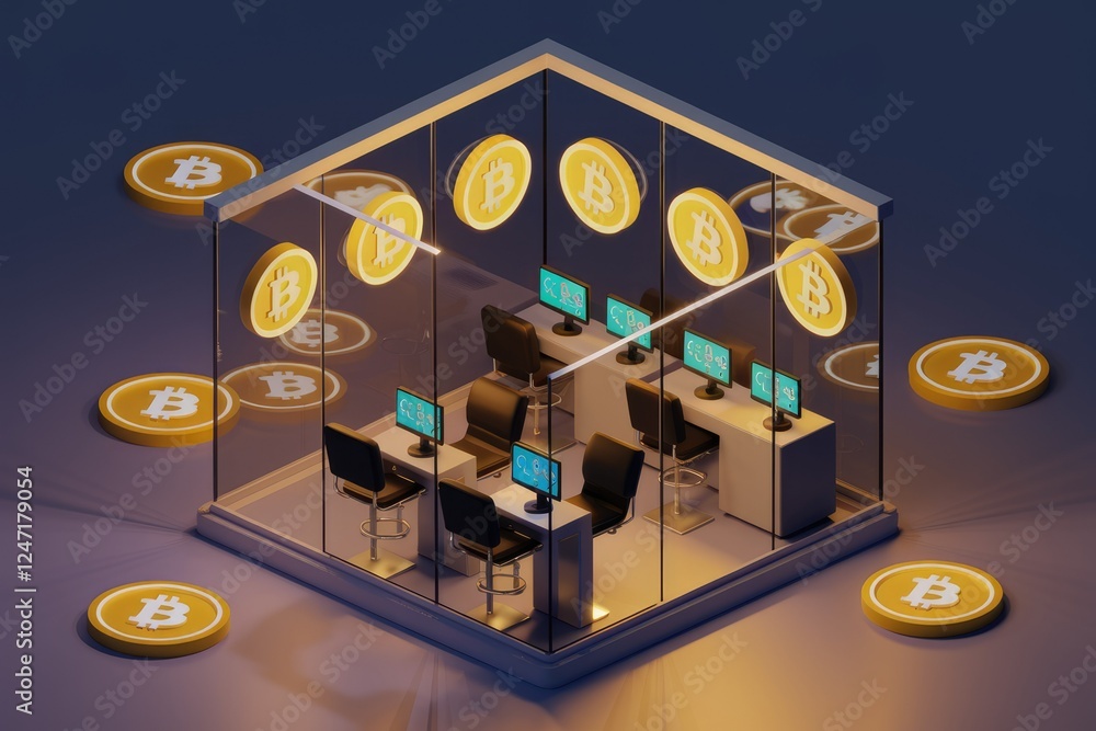 Poster Bitcoin mining farm visualized as a glass-walled room with computers and Bitcoin symbols.