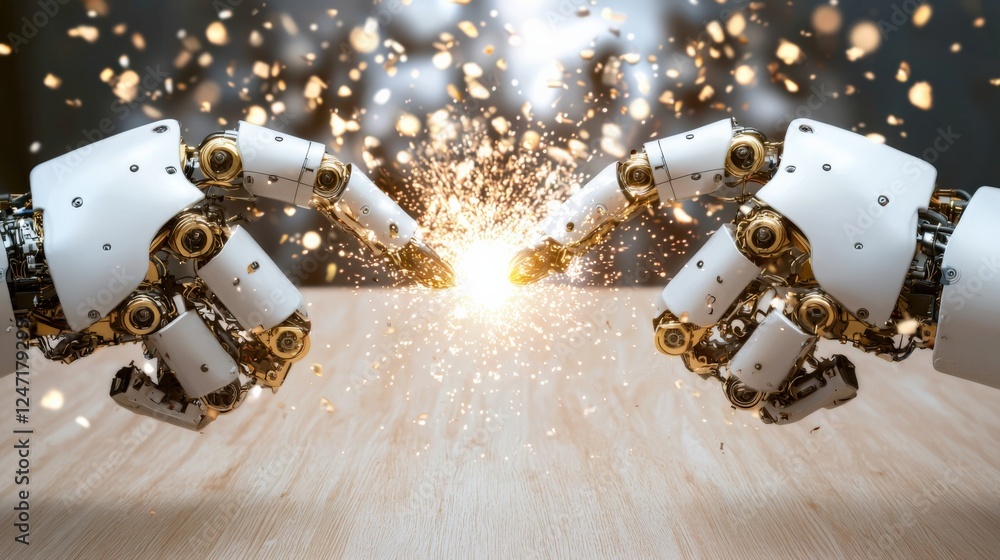 Poster futuristic robotics collision sparks innovation digital workshop high-tech environment close-up view