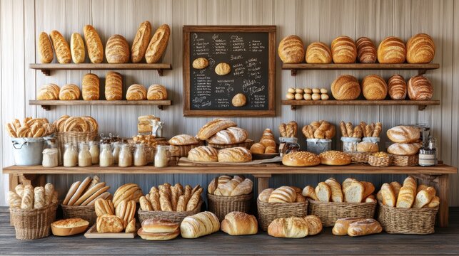 Rustic bakery shelf filled with fresh loaves, artisan bread display, cozy bakery shop