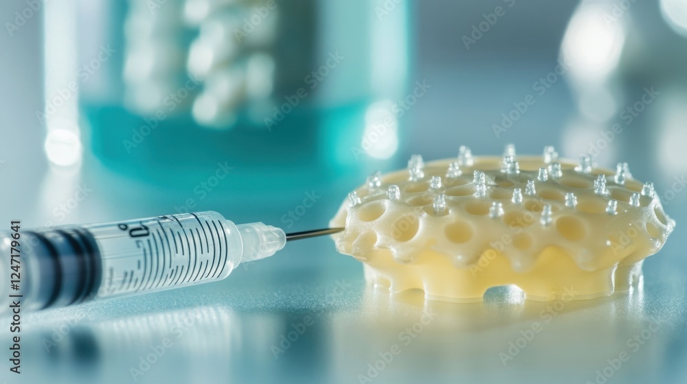 Poster close up of a syringe injecting into a porous polymer structure, symbolizing scientific research and