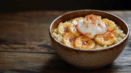 Delicious quinoa breakfast bowl with bananas yogurt and cinnamon for a healthy morning meal.