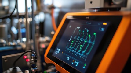 High tech laboratory equipment showcasing real time data analysis on a digital screen, highlighting scientific research and technological innovation in a modern laboratory setting