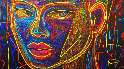 Vibrant portrait showcasing abstract expression in neon colors on a dark background highlighting human emotion